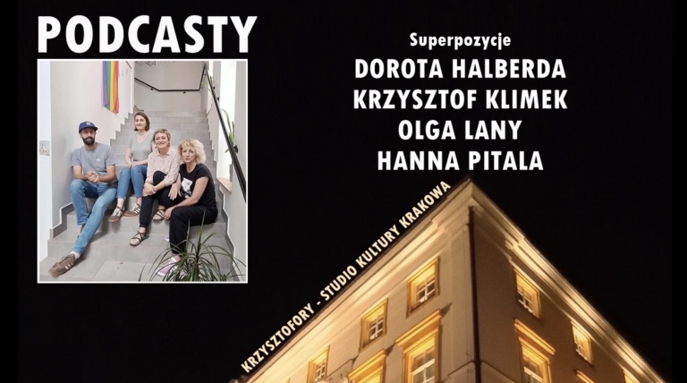 Grafika ze zdjęciem osób uczestniczących w rozmowie: Olga Lany, Hanna Pitala, Krzysztof Klimek, Dorota Halberda